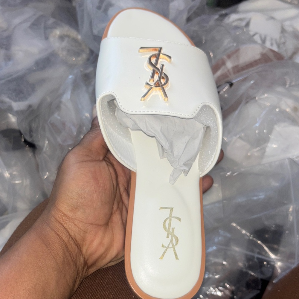 White Slide Sandals with Gold Emblem - Women